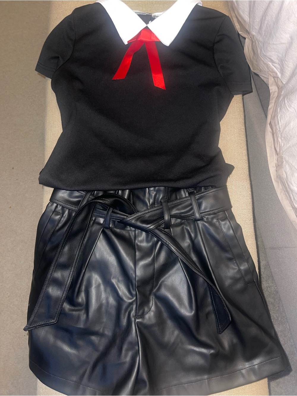 2 piece set - Black Faux Leather Paperbag Shorts with Tie Belt & blouse